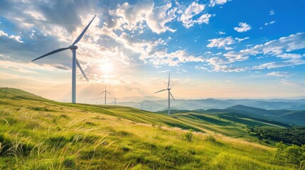 Obraz premium Hilltop wind turbines, symbolizing green energy progress and the shift to low-carbon solutions