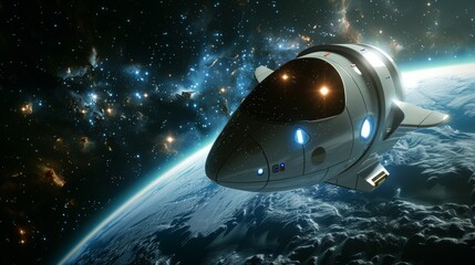 Escape pod drifting in space theme side view demonstrating isolation digital tone triadic color scheme