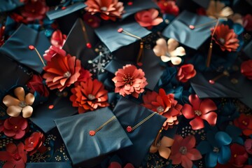 A visually captivating scene featuring various graduation caps embellished with tips for decorating, creating a festive and inspiring atmosphere celebrating academic achievement