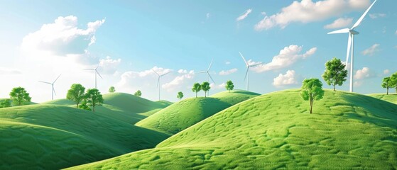 Green energy development with wind turbines on a grassy hill, symbolizing low-carbon transformation