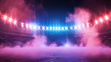 Dramatic event setting with bright stadium lights and swirling smoke in the arena