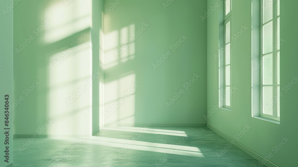 Wall mural Generate an inviting photo of a light green room, where the delicate dance of light and shadow creates an ambiance of warmth and comfort.