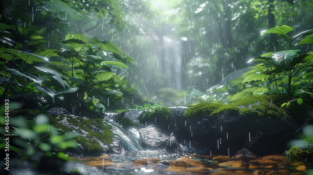 Poster Jungle forest, misty rain is falling on moss covered rocks and tree trunks with green leaves. A small stream flows through it as sunlight filters through foliage creating soft light. Generative AI.