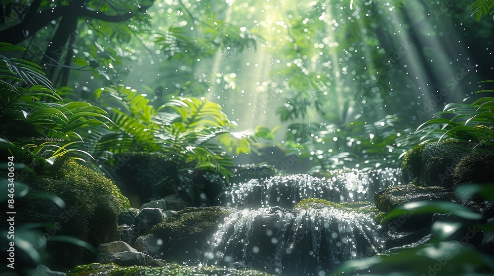 Poster Jungle forest, misty rain is falling on moss covered rocks and tree trunks with green leaves. A small stream flows through it as sunlight filters through foliage creating soft light. Generative AI.