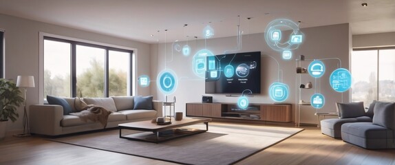 illustrate the concept of the Internet of Things with an image of a smart home, featuring various connected devices and appliances, shot from a low angle with a wide-angle lens