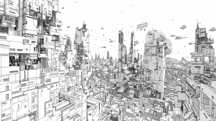 Intricate line art depicting a futuristic cityscape with towering buildings and complex structures