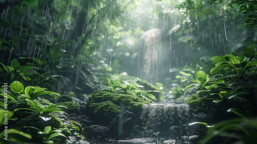 Poster Jungle forest, misty rain is falling on moss covered rocks and tree trunks with green leaves. A small stream flows through it as sunlight filters through foliage creating soft light. Generative AI.