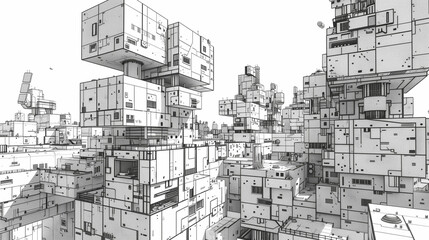 Obraz premium Abstract black and white illustration of futuristic brutalist city architecture
