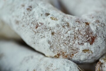 White elite mold or fungus on the surface of the sausage, close-up.