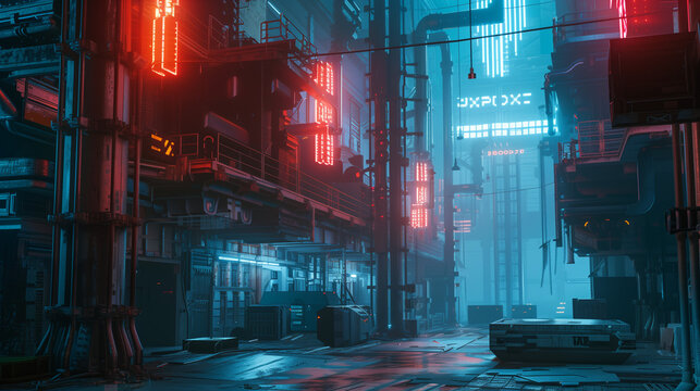 Cyberpunk city street with neon lights and industrial structures