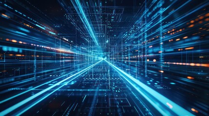 Illustrate the concept of digital transformation with a image featuring a blue technology background illuminated by futuristic motion neon light trails. 