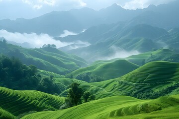 Fototapeta premium Stunning Terraced Rice Fields in Misty Mountain Landscape for Nature, Travel, and Print