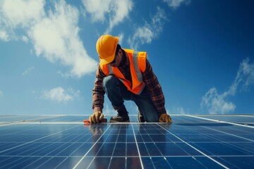 A technician in safety gear checks solar panels on rooftops to ensure efficient renewable energy production for clean energy infrastructure on a sunny day, working to sustainably generate electricity