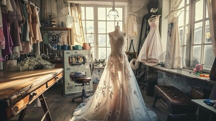 "Stock photo capturing the interior of a tailor studio, featuring a sewing machine, clothes on a coat hanger, and a wedding dress displayed on a mannequin, highlighting the artistry and craftsmanship 