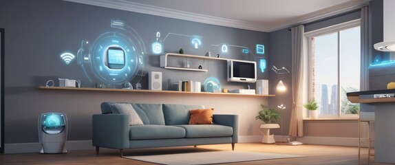 illustrate the concept of the Internet of Things with an image of a smart home, featuring various connected devices and appliances, shot from a low angle with a wide-angle lens