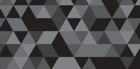 Abstract geometric black and gray background seamless mosaic and low polygon triangle texture wallpaper. Triangle shape retro wall grid pattern geometric ornament tile vector square element.