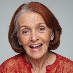 Happy Elderly Woman with Red Hair: Smiling Senior Lady Expressing Joy and Positivity
