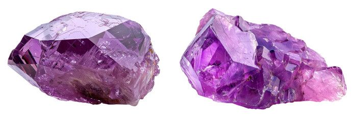 Two amethyst crystals, isolated on a transparent background, showcase their vibrant purple hues.