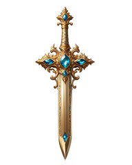 Luxury golden sword with gemstone and vintage decoration isolated on white background