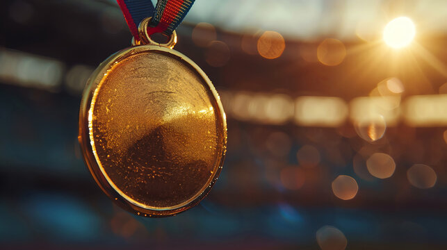 Showcase a gleaming gold medal reflecting ambient light, selective focus, achievement moment, surreal, Silhouette, stadium backdrop - Powered by Adobe