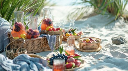 A bohemianinspired picnic on the sand features baskets filled with delectable snacks and pitchers of fruity sangria perfect for a carefree day at the beach.
