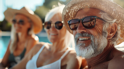 Beautiful elderly couple enjoying hot day outdoors by pool with friends, putting sunscreen on. Group of cheerful seniors sitting on poolside sunbathing