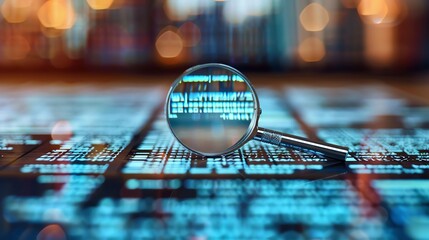 A magnifying glass focuses on a line of code on a computer screen, representing data analysis and digital investigation.