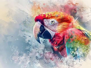 Eye-level view of an energetic parrot figuring out a complex foraging toy, painterly watercolor style, soft and vivid colors, detailed feathers and beak, capturing curiosity and intelligence