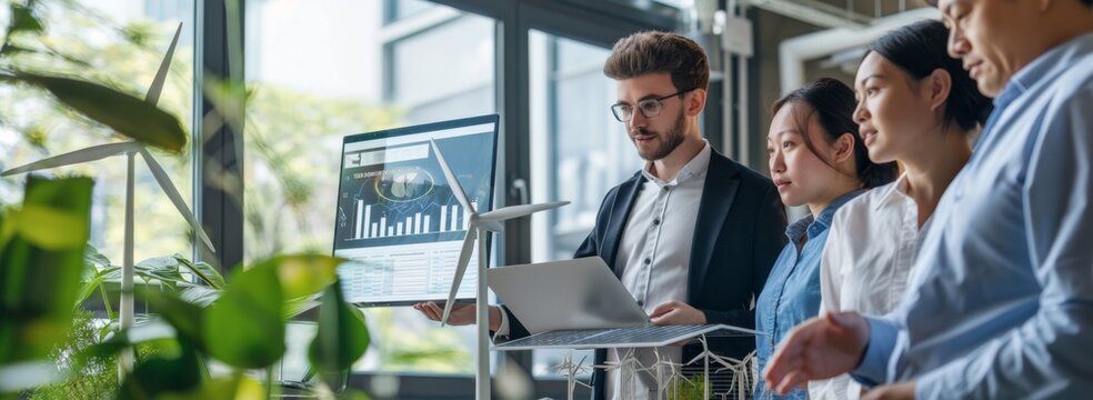 A diverse, collaborative team works in a modern office with greenery, utilizing technology to foster teamwork among professionals. Discussions and interactions lead to productive outcomes - Powered by Adobe