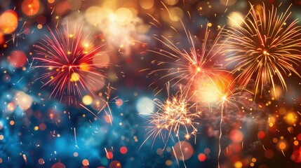 Fototapeta premium Colorful fireworks lighting up the night sky at a lively celebration event.