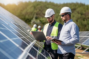 Engineers are collaboratively installing solar panels at a solar farm. The project highlights advancements in renewable energy technology and the use of sustainable practices for power generation - Powered by Adobe