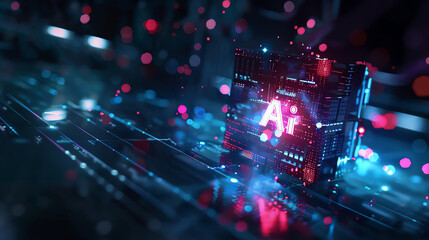 Obraz premium Abstract AI concept with glowing circuit board and digital data.