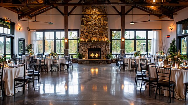 The interior, an elegant wedding reception with circular tables with white linen, and black chairs for guests set up on a polished concrete floor. and the walls have natural wood beam. Generative AI.
