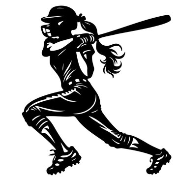 recommend clip art: Silhouette of a female softball player in action, swinging a bat to hit the ball, showcasing athleticism and determination.