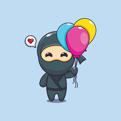 Cute ninja with balloon cartoon vector illustration © Artprodite