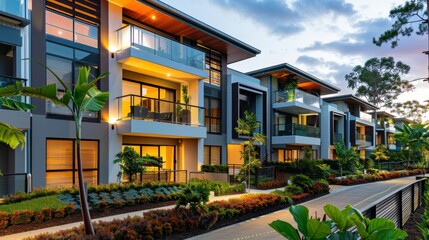 Fototapeta premium Modern luxury house with an elegant exterior design. Featuring large windows, sleek lines, and warm lighting. 