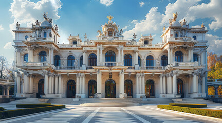 Naklejka premium A high-end auction house, European architectural style, splendid buildings, luxurious decoration, magnificent front, huge building, pure front. Generative AI.
