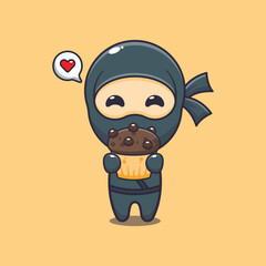 Cute ninja with cup cake cartoon vector illustration