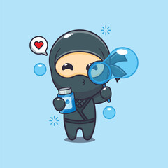 Cute ninja blowing bubbles cartoon vector illustration