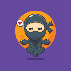Cute ninja doing meditation yoga cartoon vector illustration