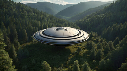 In a remote and secluded valley, a flying saucer UFO hovers above a dense forest, its advanced technology and otherworldly design standing in stark contrast to the natural surroundings.