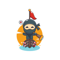 Cute ninja mascot cartoon character on the boat