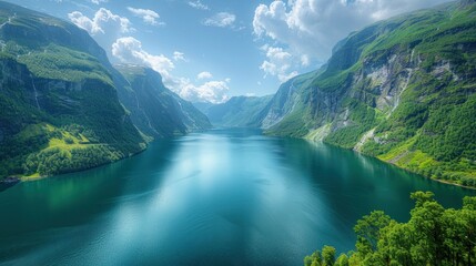 Aerial view of the picturesque Geirangerfjord surrounded by towering cliffs and lush greenery in Norway