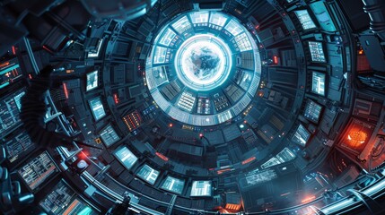 Obraz premium Futuristic spaceship interior with advanced technology, blue and red lighting, and metallic structures resembling a sci-fi environment.