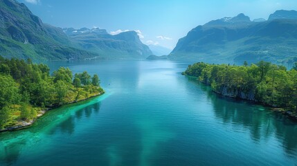 Aerial view of the Sognefjord, Norway's longest and deepest fjord, with clear blue waters