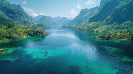 Aerial view of the Sognefjord, Norway's longest and deepest fjord, with clear blue waters