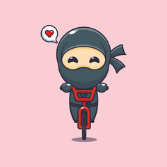 Cute ninja mascot cartoon character ride on bicycle