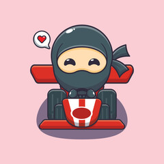 Cute ninja mascot cartoon character riding race car