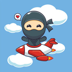 Cute ninja mascot cartoon character ride on plane jet
