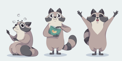 Cute racoon cartoon character in different poses. Vector funny wild animal with various face emptions - sitting confused and thoughtful, happy or welcome with paws up, standing and eating chips snack.